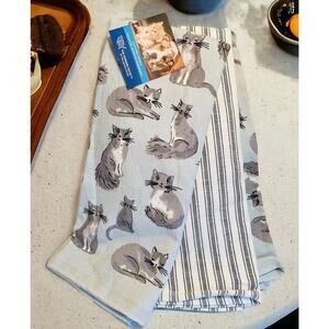 NWT Sweet Grey & White Kitten Cats Cat 3 Piece Blue Striped Kitchen Towel Set